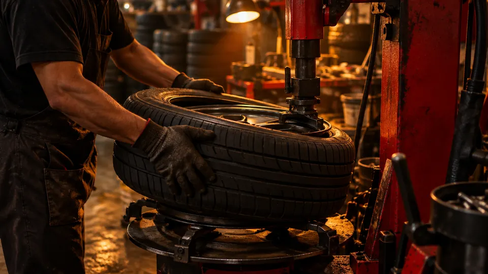 Técnico con guantes montando una llanta en una desmontadora roja dentro de una llantera